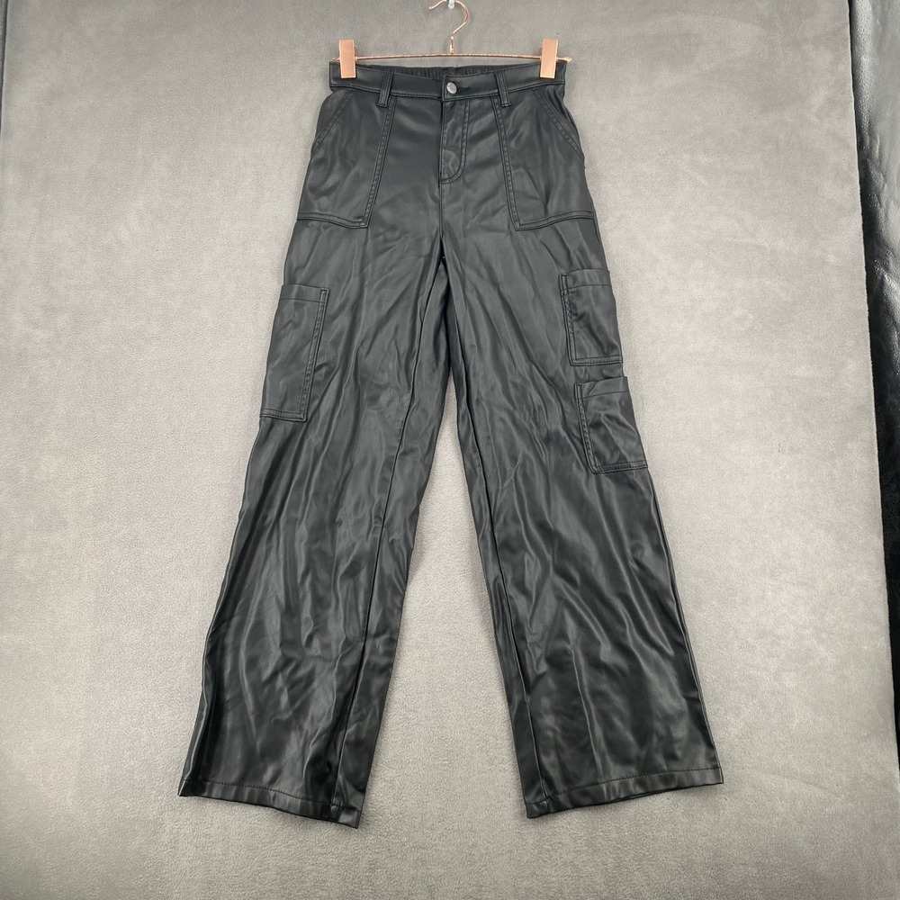 No Boundaries Faux Leather Cargo Pants Black Wide Leg High Rise XS 0-2